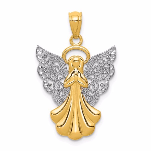 14k With Rhodium Filigree Angel Pendant